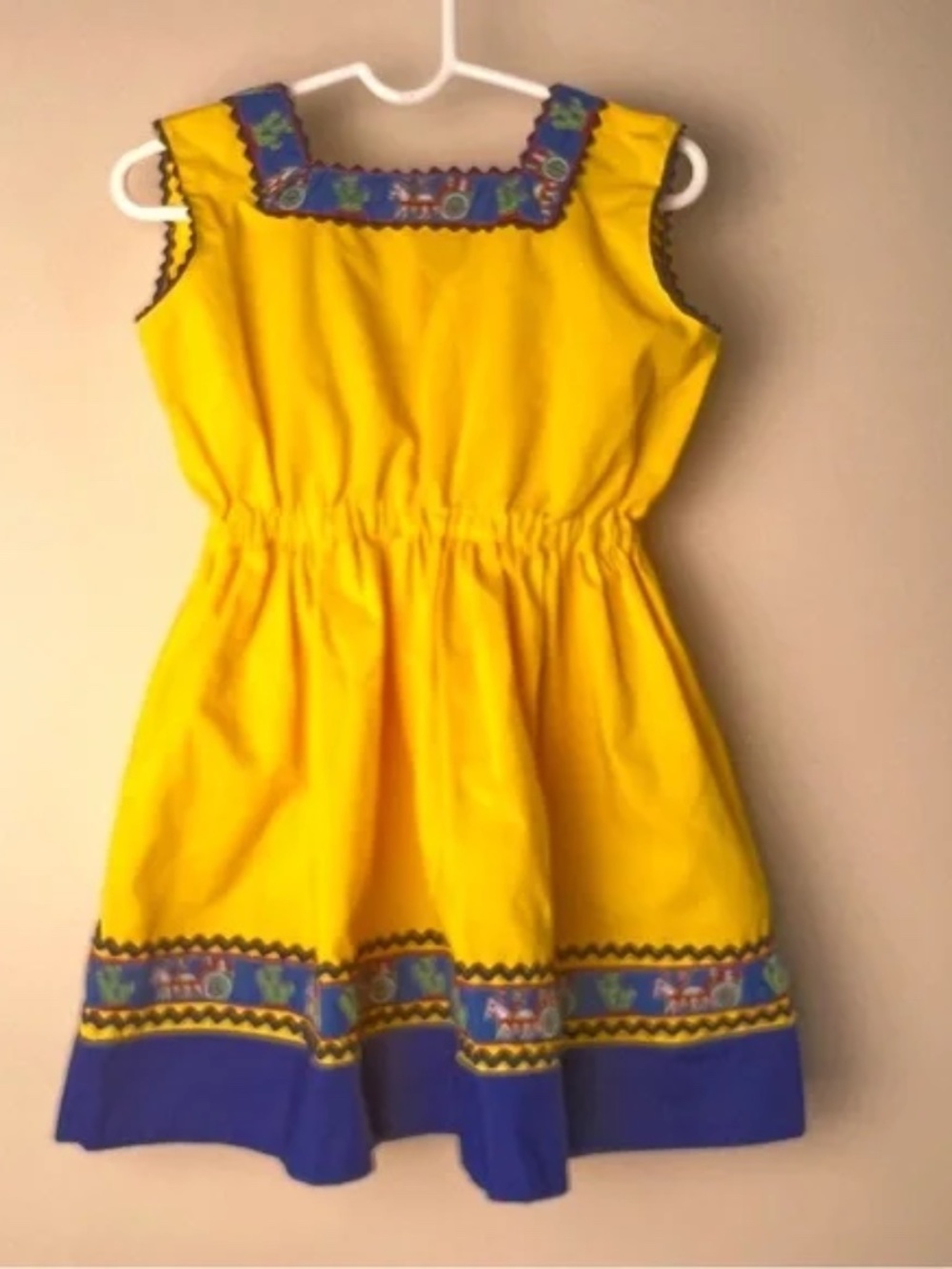 Girls Yellow and Blue Dress Embroidered Horse Carriage German Style